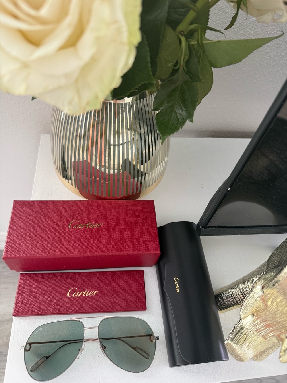 Cartier Silver Frame Sunglasses with Green Lenses and Red Box